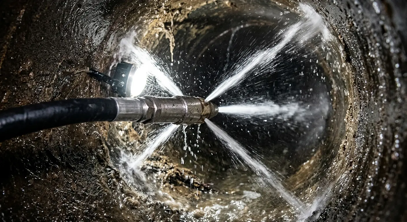 High-pressure hydro jetting nozzle cleaning sewer pipe for Emergency Drain Service in Lino Lakes
