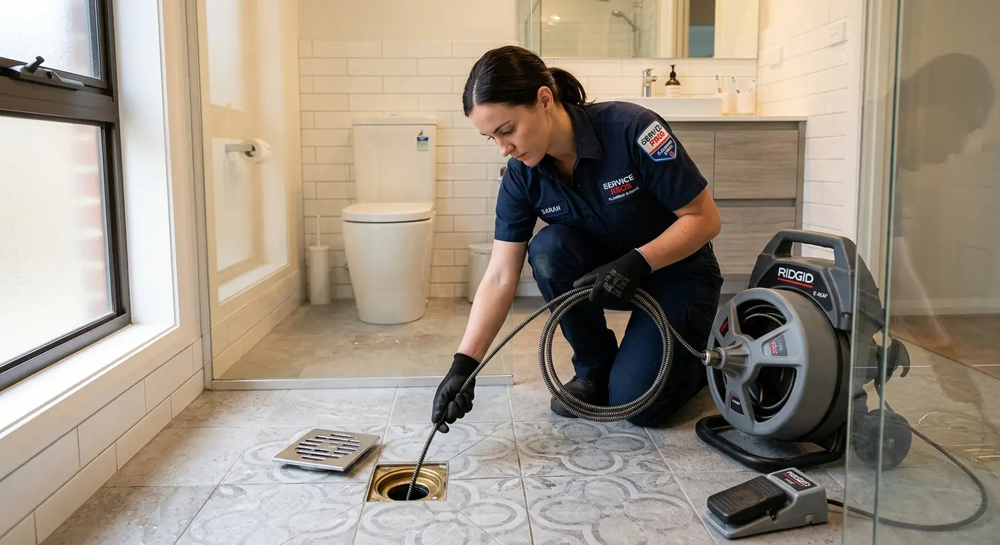 Technician clearing a bathroom floor drain for Drain Cleaning in Lino Lakes
